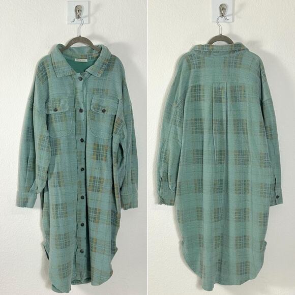 Free People Plaid Long Ruby Jacket Shacked Coat Sage Medium Grunge Distressed - Picture 7 of 11